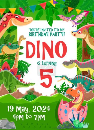 Illustration for Kids birthday party flyer with cartoon funny dinosaurs on tropical forest vector background. Cute tyrannosaurus, pterodactyl, spinosaurus and brachiosaurus dino animals with baby dinosaur in egg shell - Royalty Free Image