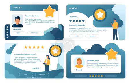 Illustration for Testimony review templates of customer feedback and opinion message with rating stars, vector layouts. Client testimony or experience review message with citation frames for social media or website - Royalty Free Image