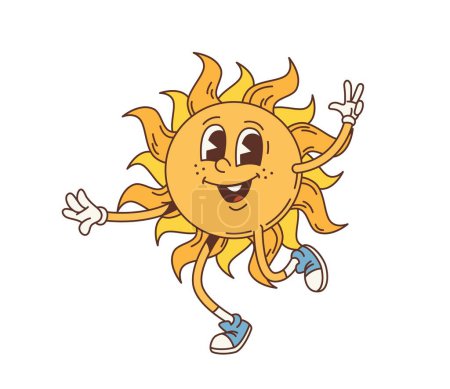 Photo for Cartoon retro sun groovy character. Psychedelic hippy summer sunshine vector personage running with happy face and smile. Vintage emoticon of funny sun with wavy rays, sunset or sunrise funky emoji - Royalty Free Image