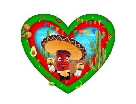 Photo for Love Mexico paper cut banner with chili pepper character in sombrero, vector heart shape. Mexican holiday fiesta festival banner with mariachi chili pepper with maracas, avocado and cactus paper cut - Royalty Free Image
