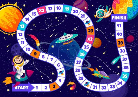Illustration for Kids board step game with kid astronaut and space planets. Vector boardgame worksheet with snake path, numbers and cartoon cosmonaut character on rocket, ufo and alien. Educational children riddle - Royalty Free Image