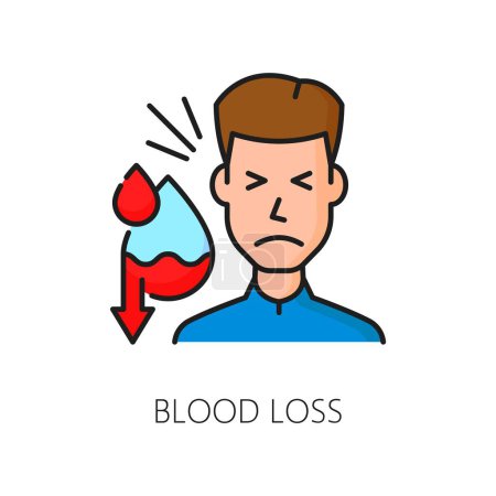 Illustration for Hematology, anemia disease blood loss symptom color line icon. Anemia diagnose, cardiovascular disease test or hematology medicine symptom line vector sign with person and blood drop - Royalty Free Image