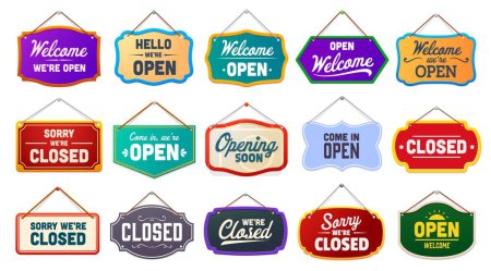 Illustration for Shop notice signboard, open and closed board signs. Isolated vector displays signaling business availability. Informative banners conveying essential details about the store, for attracting customers - Royalty Free Image