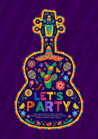 Photo for Mexican holiday party flyer with guitar frame border. Vector Mexico fiesta sombrero, cactus and maracas, chili peppers, tequila bottle and flower with bright color pattern and latin floral ornament - Royalty Free Image