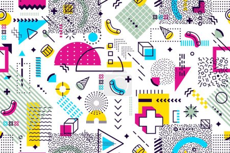 Photo for 80s 90s hipster Memphis pattern with abstract geometric colorful shapes and modern elements. Vector seamless background with surreal figures, linear details, dots, triangles and waves, trendy ornament - Royalty Free Image