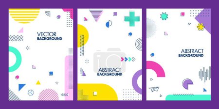 Photo for Modern abstract geometric posters with Memphis shapes. Vibrant vector backgrounds, vertical cards design with bold colors and playful patterns, dynamic visual compositions with retro-futuristic flair - Royalty Free Image