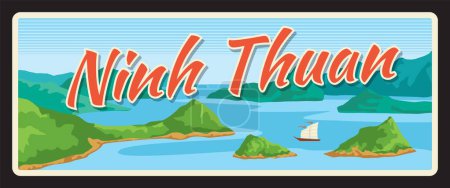 Illustration for Ninh Thuan province in Vietnam, Vietnamese territory. Vector travel plate or sticker, vintage tin sign, retro vacation postcard or journey signboard, luggage tag. Vacations beach landscape - Royalty Free Image