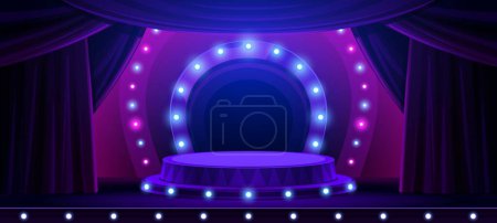 Ilustración de Teatro o circo de entretenimiento escenario podio con luces, vector de fondo. Espectáculo de circo o escena de teatro de concierto con plataforma, iluminación de brillo de neón y cortinas en focos azul púrpura - Imagen libre de derechos
