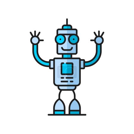 Illustration for Alien retro virtual bot, futuristic robot, game humanoid droid outline color icon. Robotic technology artificial intelligence bot, humanoid robot or future machine vintage droid outline vector icon - Royalty Free Image