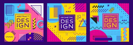 Photo for Abstract geometric Memphis banners. Modern square templates, feature vibrant colors, simple shapes and bold patterns in retro-modern style of 1980s design movement. Vector playful cards or story posts - Royalty Free Image