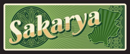 Illustration for Sakarya ili, Turkish province il in Marmara Region. Vector travel plate, vintage sign, retro postcard design. Old plaque or signage with map of territory and borders, souvenir magnet - Royalty Free Image