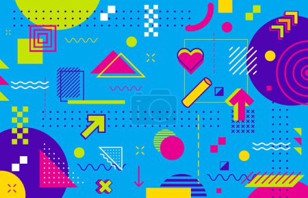 Illustration for Abstract modern Memphis geometric background with minimal elements and shapes, vector pattern. Memphis graphic art design background with pattern of retro line shapes and simple isometric figures - Royalty Free Image