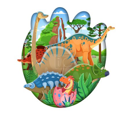 Illustration for Paper cut dinosaur footprint with dino characters in tropical forest. Cartoon cute triceratops, stegosaurus and baby dinosaur in egg, funny brontosaurus and brachiosaurus, prehistoric nature landscape - Royalty Free Image