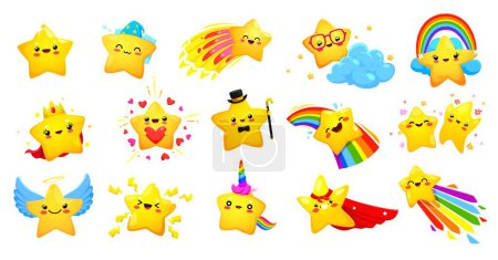 Photo for Cartoon cute cheerful kawaii stars and happy twinkle characters, vector funny face personages. Twinkle star on rainbow, angel or unicorn and superhero and princess for kids emoji or kawaii emoticon - Royalty Free Image