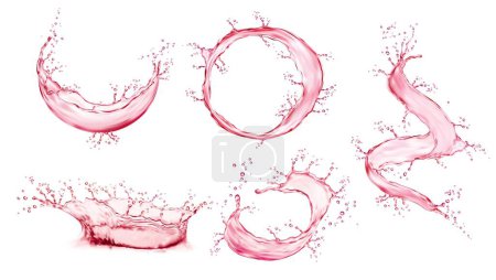 Ilustración de Salpicadura realista de agua rosa con olas, corona, remolino y flujo redondo. Vector 3d zumo de frutas, bebida de bayas, vino, cóctel o salpicaduras de jarabe con gotas y burbujas, publicidad de alimentos y cosméticos - Imagen libre de derechos
