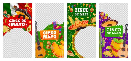 Modèles de messages sur les médias sociaux, Cinco de mayo Vacances mexicaines. Bannières verticales vectorielles ou cadres, saisissez l'esprit festif et la fierté culturelle du Mexique, avec drapeau national, sombrero, moustaches et nourriture