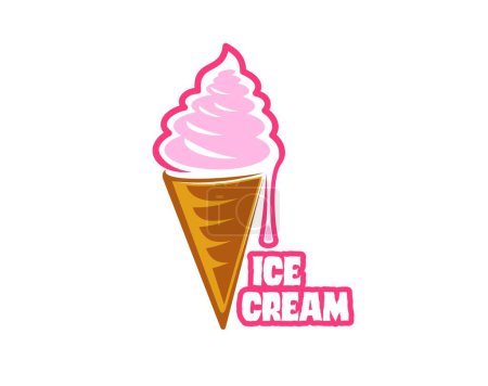 Ilustración de Postre de gelato, helado de fresa en cono de oblea, emblema vectorial de gelatería. Helado suave rosado en cono de oblea con gotas de jarabe de bayas y signo de letras de texto para helado italiano o menú de helado - Imagen libre de derechos