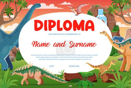 Illustration for Kids diploma, Jurassic era funny cartoon dinosaurs, funny reptiles and dino characters at prehistoric landscape. Vector recognition certificate template, award frame, praise for paleontology course - Royalty Free Image