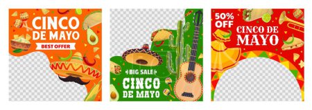 Verkauf bieten Banner, Cinco de mayo mexikanischen Urlaub groß und Sonderverkauf, Social-Media-Post-Vorlagen. Vektorquadratische Mexiko-Rahmen mit traditioneller Kleidung, Sombrero, Gitarre, Paprika und Tex Mex Food