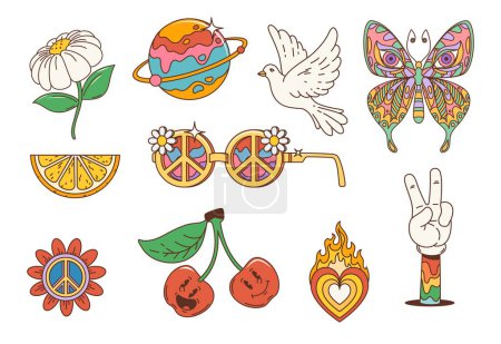 Illustration for Cartoon retro hippie groovy symbols. Vector funky flower, rainbow heart and sunglasses with peace symbol. Vintage psychedelic butterfly, daisy, cherry and lemon fruits, planet, victory hand gesture - Royalty Free Image