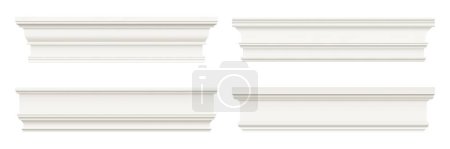 Wall skirting, trim molding and house ledge or moulding cornice, realistic vector. Interior baseboard or ceiling border panels, white skirting or trim molding board of plaster stucco with friezes