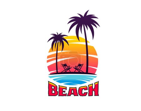 Ilustración de Complejo tropical paradisíaco, icono de la playa de verano con palmeras y cielo del atardecer, vacaciones de verano vector, viajes y turismo. Playa tropical isla con olas azules, sillas y siluetas de palma de coco - Imagen libre de derechos