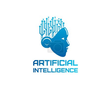 Ilustración de Icono de inteligencia artificial Ai, aprendizaje automático. El emblema vectorial aislado de tecnología de datos con perfil de cabeza humano o robot con cerebro contiene nodos o circuitos, simbolizando algoritmos de redes neuronales - Imagen libre de derechos