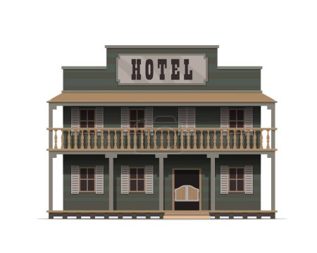 Illustration for Western hotel building, wild west facade. Isolated vector rustic, wooden motel exterior structure with large porch, swinging saloon doors and a prominent signboard, adorned with vintage typography - Royalty Free Image