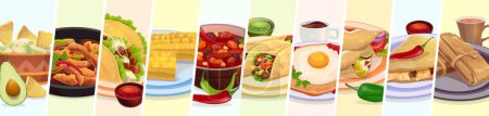 Collage de comida mexicana. Tex mex comida, bebidas y postre. Taco vectorial, burrito, maíz y chile con guacamole de aguacate y salsa de salsa, fajitas, nachos de tamal, enchilada y chocolate caliente