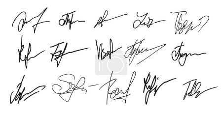 Illustration for Autograph or signature pack. Agreement or certificate paper hand writing signs set, pen hand written isolated vector personal autograph or official document ink calligraphy signatures collection - Royalty Free Image
