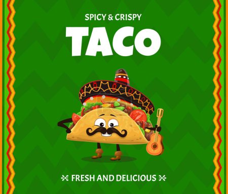 Cartoon taco character for Mexican cuisine and Tex Mex food menu, vector poster. Funny taco in sombrero with chili pepper ornament, mariachi guitar and mustaches for Mexican kitchen snacks background