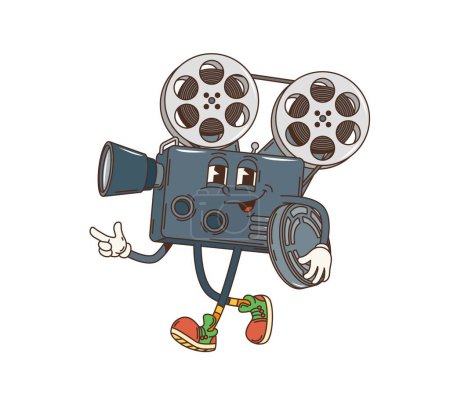 Ilustración de Groovy retro película de dibujos animados de la cámara funky personaje con cara feliz, vector 70 hippie cómic. Groovy divertida cámara con tira de película de cine, sonriente retro personaje de dibujos animados cámara de vídeo - Imagen libre de derechos