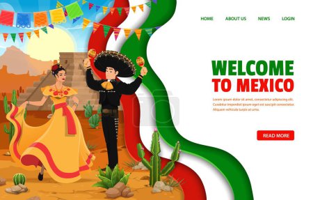 Photo for Mexico travel landing page with paper cut design with Mexican flag, vector template. Welcome to Mexico landing page with Aztec pyramid and Mariachi musician in sombrero for travel and tourism website - Royalty Free Image