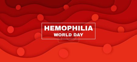Bannière du jour de l'hémophilie avec des gouttes de sang rouge en papier coupé, fond vectoriel. Affiche de la Journée mondiale de l'hémophilie pour la campagne de dons de sang ou de charité en santé avec des cellules sanguines sur papier