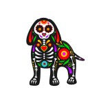 Mexican Day of Dead, dog animal with sugar skull, vector tattoo ornament. Dia de Los Muertos holiday or Mexico fiesta decoration of dog skeleton bones silhouette with Mexican floral pattern