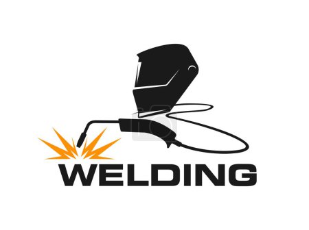 Illustration for Weld icon of welder mask and tool for steel welding and construction works, vector symbol. Welding sign of welder helmet for metal iron fabrication in engineering, building and metalworking industry - Royalty Free Image