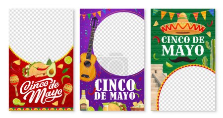 Téléchargez les illustrations : Modèles de bannière Cinco de mayo. Vecteur mexicain de vacances médias sociaux histoires cadres avec sombrero, maracas, guitare et pyramide, tex mex tacos alimentaires, jalapeno poivrons, tequila, moustaches et guirlande drapeau - en licence libre de droit