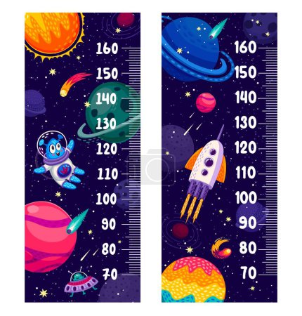 Tableau de mesure de la hauteur des enfants avec planètes spatiales et fusées galactiques, règle vectorielle de dessin animé. Tableau de mesure de la croissance des bébés avec un astronaute martien drôle, un ovni extraterrestre ou des fusées spatiales sur fond de galaxie