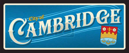 Illustration for City of Cambridge in Cambridgeshire in England UK. Vector travel plate or sticker, vintage tin sign, retro vacation postcard or journey signboard, luggage tag. Plaque with coat of arms - Royalty Free Image