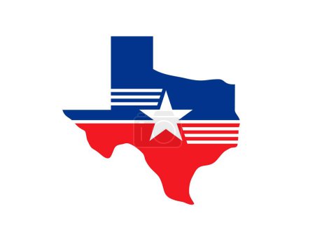 Illustration for Texas state symbol, map icon, features a prominent lone star, symbolizing unity and the independent spirit of american usa state, silhouette of Texas distinctive map outline in red and blue color - Royalty Free Image