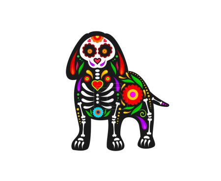 Ilustración de Mexican Day of Dead, animal perro con cráneo de azúcar, adorno de tatuaje vectorial. Dia de Los Muertos holiday o México fiesta decoración de esqueleto de perro huesos silueta con patrón floral mexicano - Imagen libre de derechos