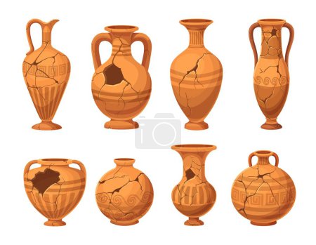 Ancient broken vases and pottery. Old ceramic cracked pots or jugs. Isolated vector set of shattered fragments of historical crockery, past civilization cultural heritage and archaeologists artefacts