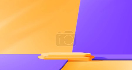 Photo for Contrast 3d podium stage, vector background with realistic orange and purple pedestal for product showcase and presentation. Contrasting colors scene mockup. Abstract geometric platform, promo display - Royalty Free Image