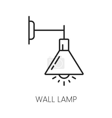 Ilustración de Icono del contorno de la lámpara de pared, luces y linterna eléctrica doméstica o iluminación interior, vector de línea. Lámpara en la pared, aplique casero o lámpara de araña de calle con bombilla o lámpara de foco en icono lineal - Imagen libre de derechos
