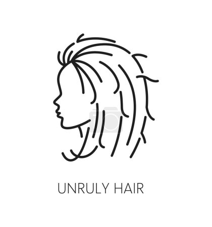 Unruly hair care and treatment thin line icon. Haircare cosmetology linear symbol, bathroom or beauty salon cosmetics or treatment product outline vector icon or pictogram with woman unruly hair