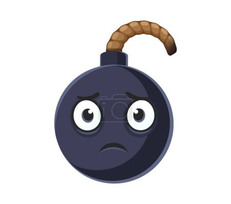 Cartoon bomb character, sad explosive weapon personage with extinguished wick or fuse express feeling of disappointment and failure. Isolated vector unhappy spherical metal bomb character sorry emoji