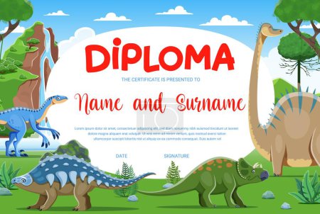 Illustration for Kids diploma, Jurassic era cartoon dinosaur characters. Vector recognition or achievement certificate template for children. Honor frame for triumph or graduation celebration with Prehistoric dino - Royalty Free Image