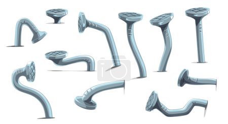Illustration for Metal bent wall nails and hobnails or hammer pins with iron heads, cartoon vector. Bent crooked nails and curved broken steel hobnails or carpentry pins with wound hammered damaged hobs and spikes - Royalty Free Image