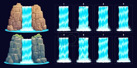 Cascada sprite hoja de animación de cascada de agua o corriente de río, vector de elementos de interfaz de usuario del juego. Cascada de dibujos animados o cascada de agua, río que cae de rocas de montaña con salpicadura para la interfaz de juego arcade