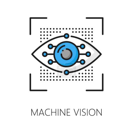 Apprentissage automatique et vision, algorithme d'IA, icône de couleur de contour d'intelligence artificielle. Intelligence artificielle informatique, apprentissage automatique future technologie signe vectoriel linéaire avec globe oculaire